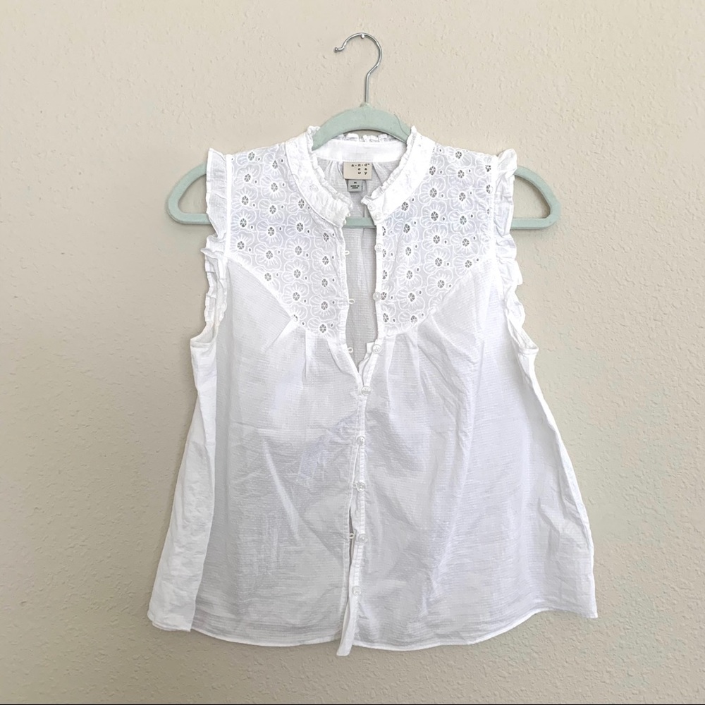 A New Day • eyelet ruffle sleeve white top • med